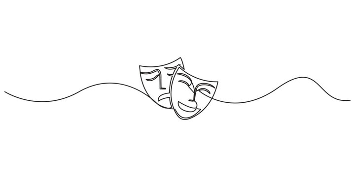 Greek mask one line drawing, opera event symbols continuous hand drawn, mask one line vector. Editable stroke, theater humor smile mask one line continuous line art, Theater mask tragedy. 