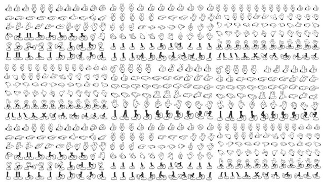Retro cartoon legs and hands, Hands with gloves and feet with boots, various poses for characters, a set of poses, gestures, placement of hands and feet. Mascot character set.