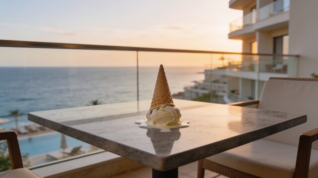 An upside-down melting vanilla ice cream cone on a marble table of a hotel balcony, with a blurred view of a swimming pool and the sea at sunset.