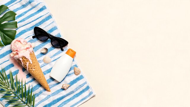 Top view of a melting strawberry ice cream cone on a striped beach towel with sunglasses, sunscreen, and sea shells, with copy space on a beige background.