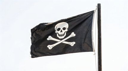 Naklejka premium Black pirate flag with skull and crossbones on a pole illustration