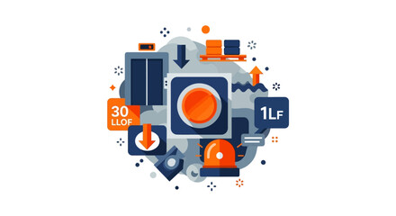 Naklejka premium Smart Building Management and Industrial Logistics Vector Illustration with Elevator, Automation, Siren, and Warehouse Operations Icons