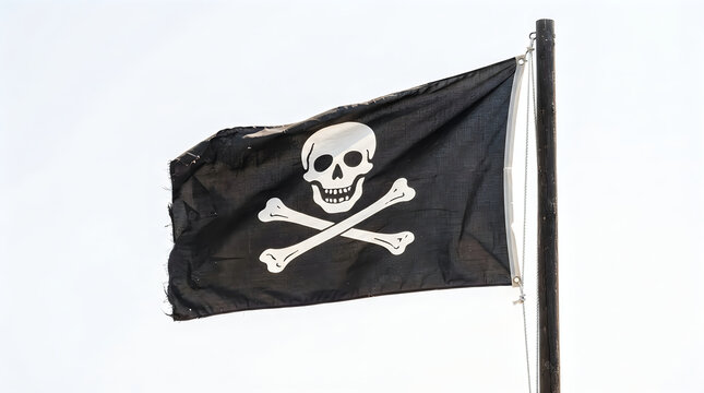 Black pirate flag with skull and crossbones on a pole illustration