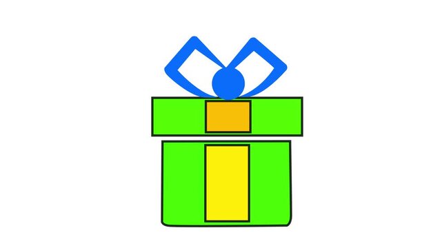 Gift box illustrated in green and yellow with a blue bow sits completely closed on a white background, suggesting a festive holiday celebration or a surprise birthday present for a joyous family.