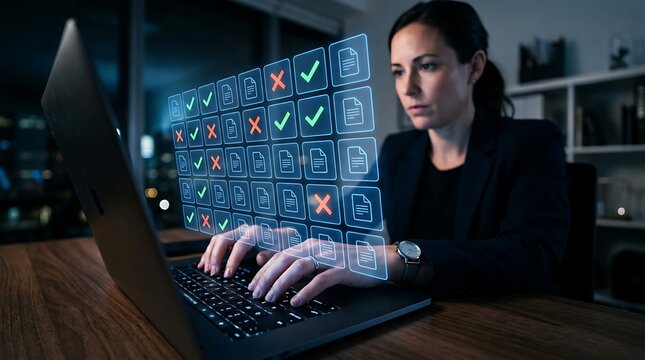 Businessman analyzing digital document status with holographic checklist and approval system