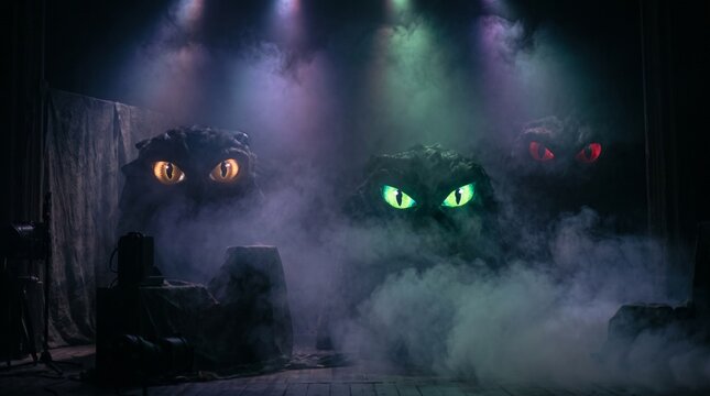 Mysterious monster eyes glowing in the dark, shrouded in atmospheric fog