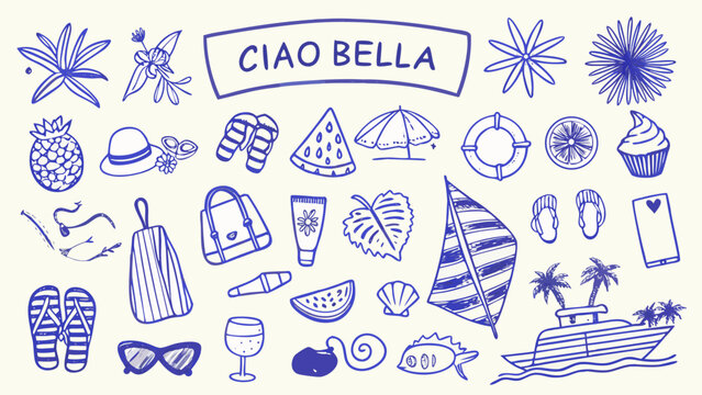 Blue line summer sketches featuring beach items tropical fruit and accessories on a white background beachcombing doodle illustration sketch boat