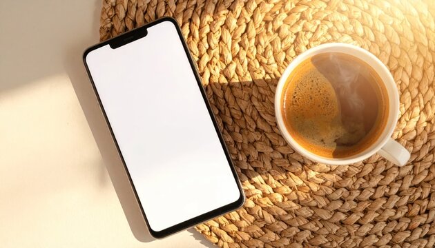 Morning Serenity - Coffee, Smartphone, and Woven Mat in Sunlight.