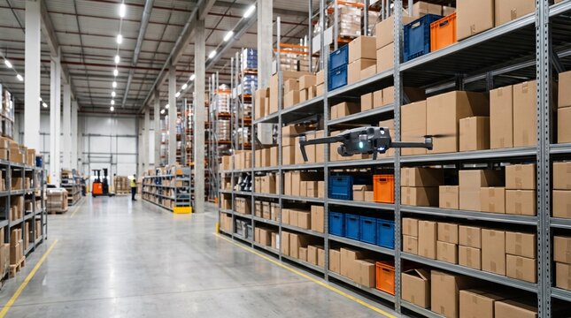 Autonomous robots navigate warehouse aisles with stacked boxes and shelves