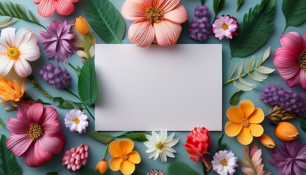 creative layout made of flowers and leaves flat lay nature concept floral greeting card colorful spring flower background with paper card note nature trendy decorative design