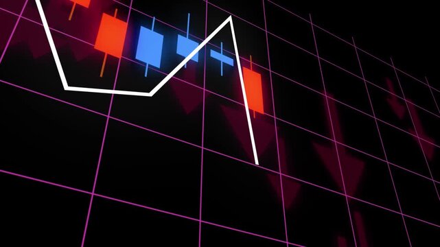 Stock market candlestick chart with downward trend line animation