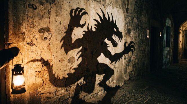 Scary monster shadow projected on an old stone wall by a lantern