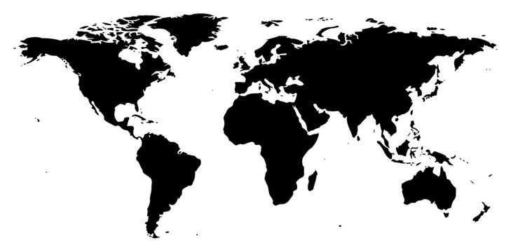 World map silhouette showing all continents in flat monochrome style