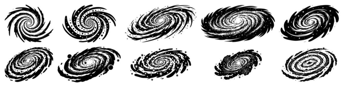Celestial spiral nebula collection with cosmic whirlpools and star clusters in engraving style