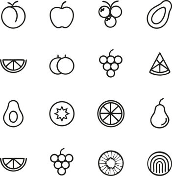Hand Drawn Fruit & Vegetable Outline Icons Set | Apple, Orange, Grapes, Pear, Avocado, Kiwi Vector Collection