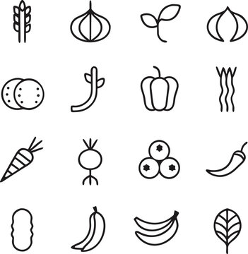 Hand Drawn Vegetable and Fruit Outline Icons Bundle, Minimal Healthy Food Line Vector Collection