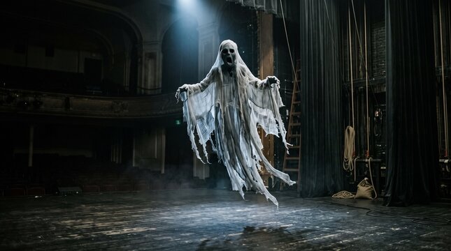 Eerie floating ghost prop hovers on a dark theater stage with dramatic lighting
