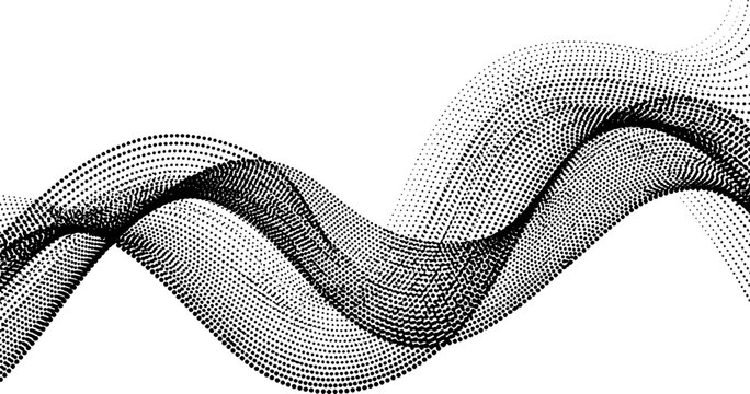 Monochrome halftone dotted illustration, abstract dynamic wave, ribbon pattern. Curved line with halftone effect, flud design. Vector minimalist background.