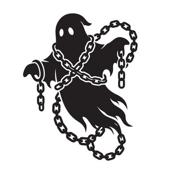 Ghost silhouette with chains in dark background. Eerie, haunting figure with symbolic restraint.