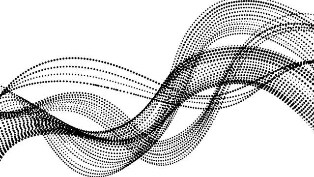 Monochrome halftone dotted illustration, abstract dynamic wave, ribbon pattern. Curved line with halftone effect, flud design. Vector minimalist background.