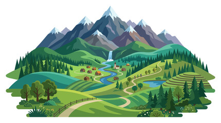 Fototapeta premium Countryside valley features a cascading waterfall and a small village nestled among lush green hills.