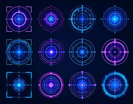 A collection of 12 neon-colored target and scope icons