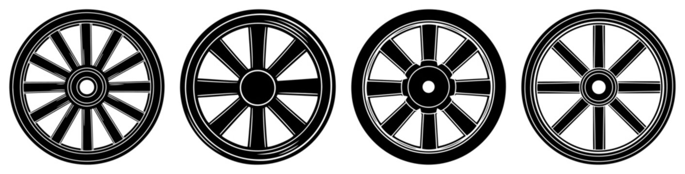Wooden wagon wheels collection for vintage transport in graphic monochrome style