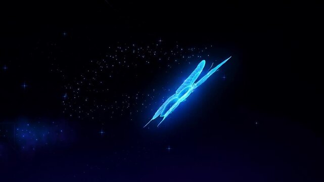 Glowing blue digital butterfly flying in dark starry night with magical light effects and cosmic background