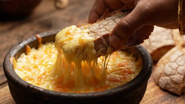 Melty cheese dip with rustic bread slice dipped in gooey melted cheese, warm snack appetizer with golden bubbly texture and cozy inviting flavors