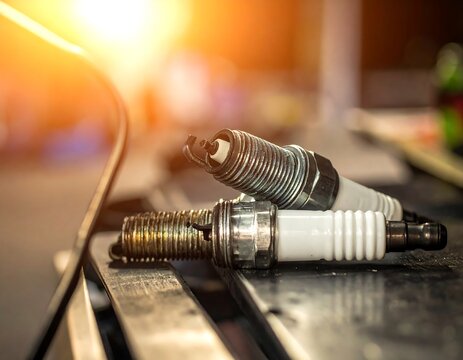 A close-up view of two spark plugs on a metal surface
