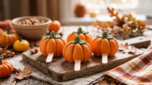 Festive pumpkin shaped cakesicles on a rustic wooden board for autumn celebrations