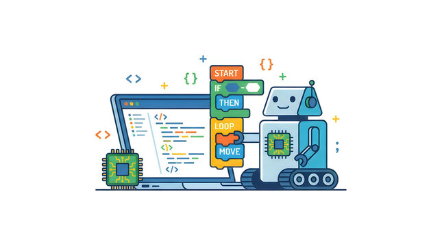 Educational coding robot with laptop and visual programming blocks, STEM learning concept for kids, robotics software development illustration isolated on White Background Back to school
