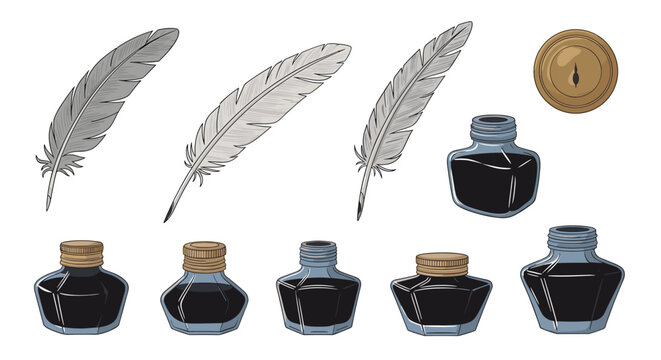 Vintage collection of feather quill pens and black inkwell bottles with a classic wax seal on a white background.