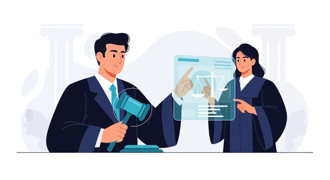 Judges using futuristic technology, hologram display with scales of justice, legal consultation and modern courtroom illustration