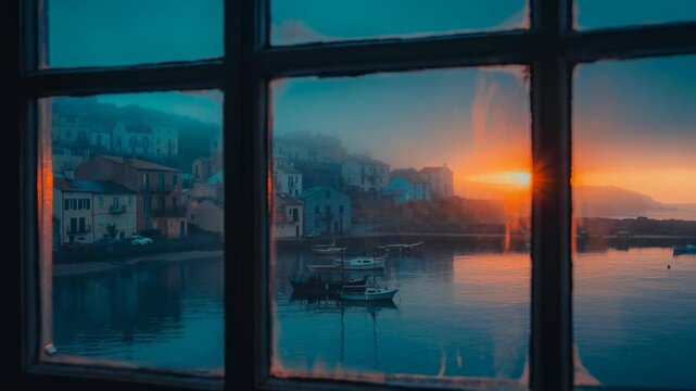 Scenic coastal village sunrise view with calm water boats and colorful houses through window panes