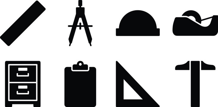 Drafting measurement and office tools black vector icon set