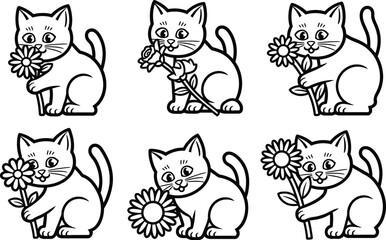 Fototapeta premium Set of cute cats holding flowers illustration. vector. illustration
