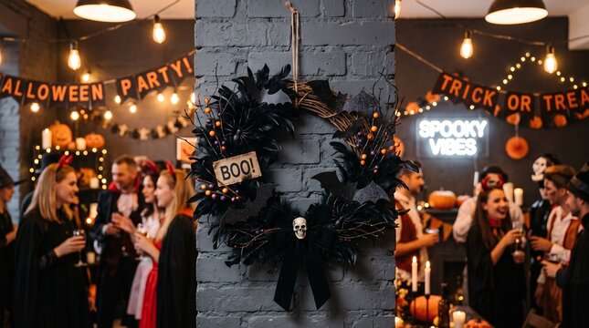 DIY Halloween wreath for spooky party decorations with festive atmosphere
