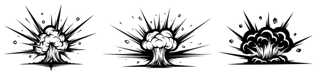 Detailed explosion smoke clouds with flying debris in dramatic engraving style © Kumamoto