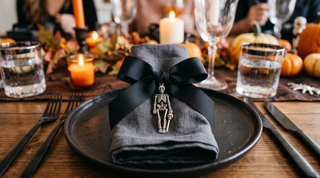 Elegant Halloween table setting with skeleton napkin ring and pumpkins