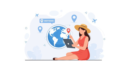 Obraz premium Woman Planning Travel Around the World with Digital Tablet and Globe Illustration