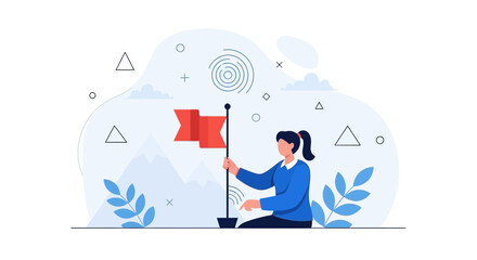 Obraz premium Woman Planting Flag on Mountain Peak Represents Achievement, Success, and Goal Setting