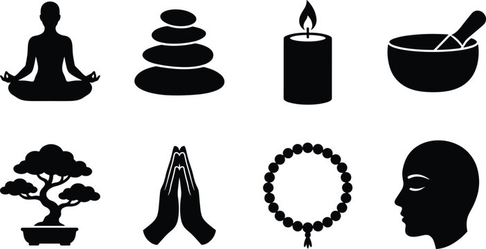 Meditation and zen wellness black silhouette vector icon set