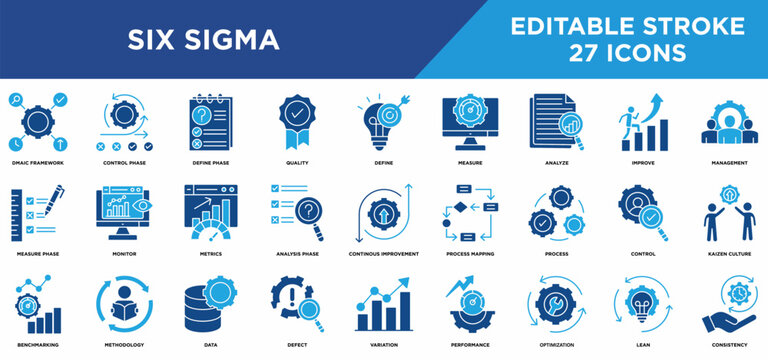 Six sigma solid icons set with control phase, define phase, quality, define, measure, analyze, improve, control concepts. Editable stroke vector collection.