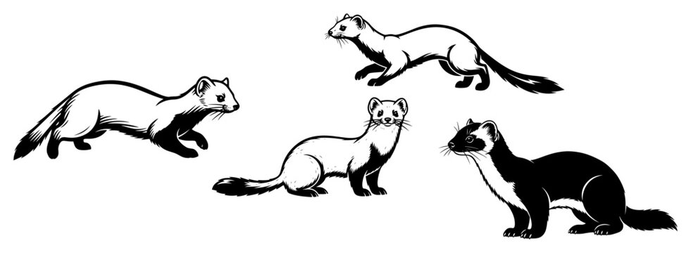Ferret or weasel animals in various active poses for nature design in woodcut style