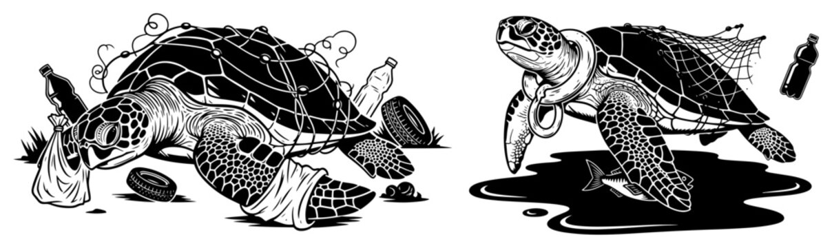 Sea turtles entangled in plastic waste and pollution in woodcut engraving style