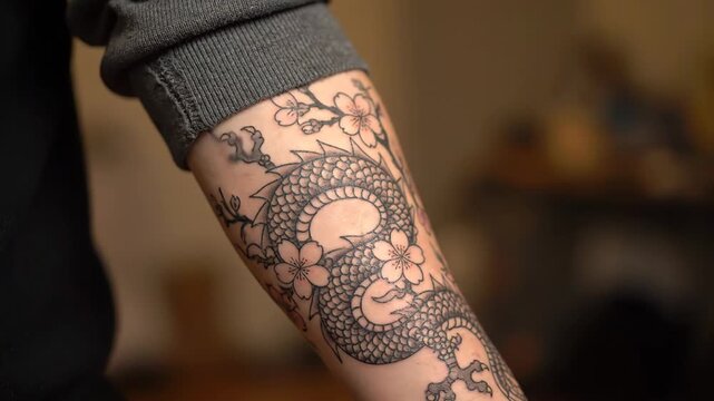 Intricate Dragon and Cherry Blossom Tattoo on Forearm Detailed Ink Art