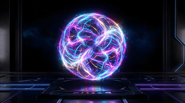 Energy orb pulses with vibrant neon electricity while resting on a metallic platform within a dark room.