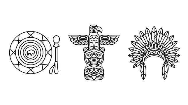 Indigenous tribal symbols set, traditional native American cultural icons, black and white line art of totem pole, feather headdress and ceremonial drum