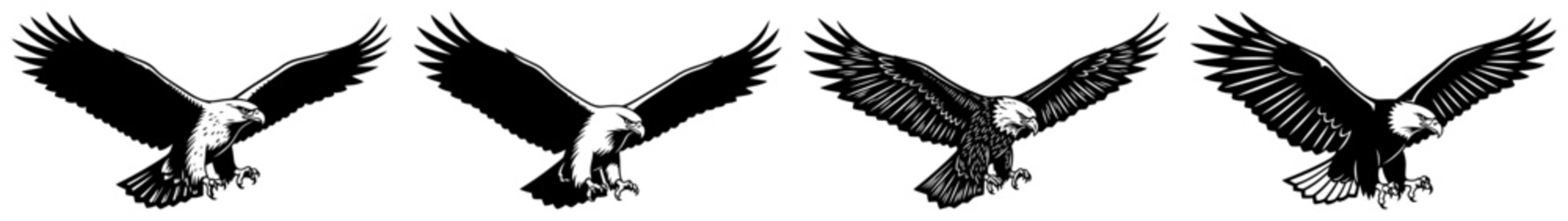 Bald eagle flying with outstretched wings in detailed monochrome woodcut style